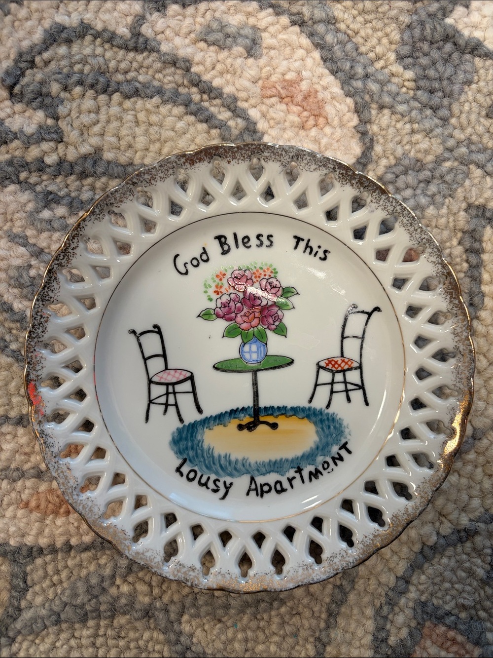 Vintage White Porcelain "God Bless This Lousy Apartment" Decorative Plate